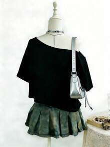 Women's Loose Open Shoulder Batwing Short Sleeve T-Shirt, With Sea Turtle & English Print Black Casual Summer - Black - View 3