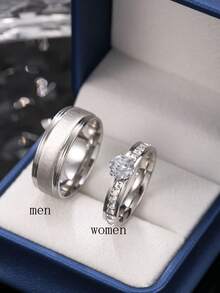 2 piezas Anillos de pareja elegantes y de moda de acero inoxidable, con diseño texturizado para hombres y decoración de rhinestones para mujeres, adecuados para uso diario, vacaciones, compromisos y bodas (incluye caja de regalo) - Dorado - Ver 14