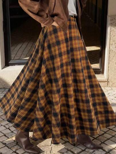  EARO 女士格子长裙，高腰褶裥 A 字羊毛混纺中长裙，优雅休闲通勤裙