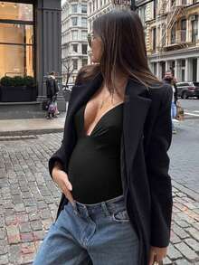 Parara Maternity Bodysuit, Fashionable Spaghetti Strap Design, Versatile For Layering, Casual Wear, Halloween, Christmas - Black - View 1