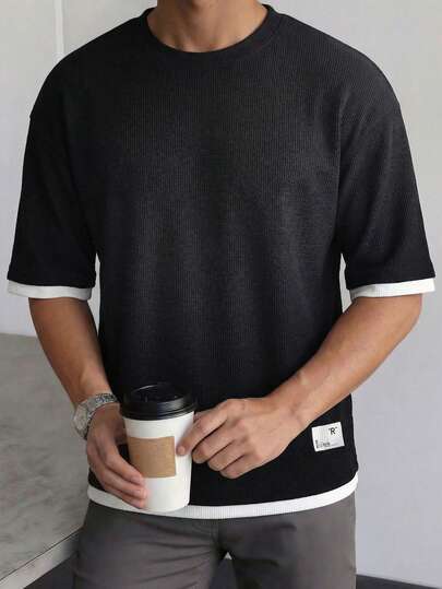 1pc Men's Black Crew Neck Heavy-Weight Short Sleeve T-Shirt, 2 In 1 Ribbed Texture, Breathable Knit Fabric, Non-Sweating, Pilling Resistant, Wrinkle-Free, Easy Care, Versatile Casual Tee For Summer Daily Wear, Hangout With Friends