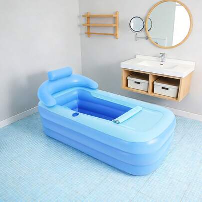 SHIOUCY Blue Inflatable Bathtub 62.99x33.07x25.2in 220.46lbs Max Load Zipper Cover Ergonomic Backrest For Home Hotel Bathing
