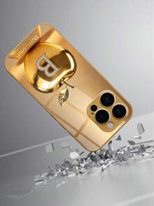 1 pieza Funda de teléfono personalizable con 26 letras, diseño de manzana con strass dorados de moda, chapado en oro, compatible con iPhone 17 Pro Max/16 Pro Max/15/14 Plus/13 Pro/12 Pro Max/11/Xs Max/8/7/6 Plus, de moda, colorida, linda, divertida, minimalista, a juego - Dorado - Ver 4