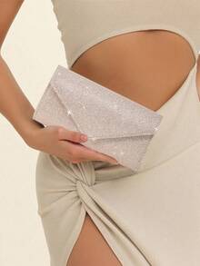 亮片信封手提包，女士晚宴手拿包，女士日常手拿包，婚礼派对闪亮金属链条斜挎包，香槟金 - 香檳色 - 查看 3