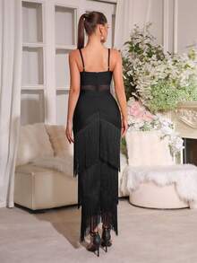 新款时尚性感流苏钻石吊带露背拉链长裙，优雅女士正式晚礼服，婚礼宾客礼服，节日圣诞派对礼服 - 黑色 - 查看 10