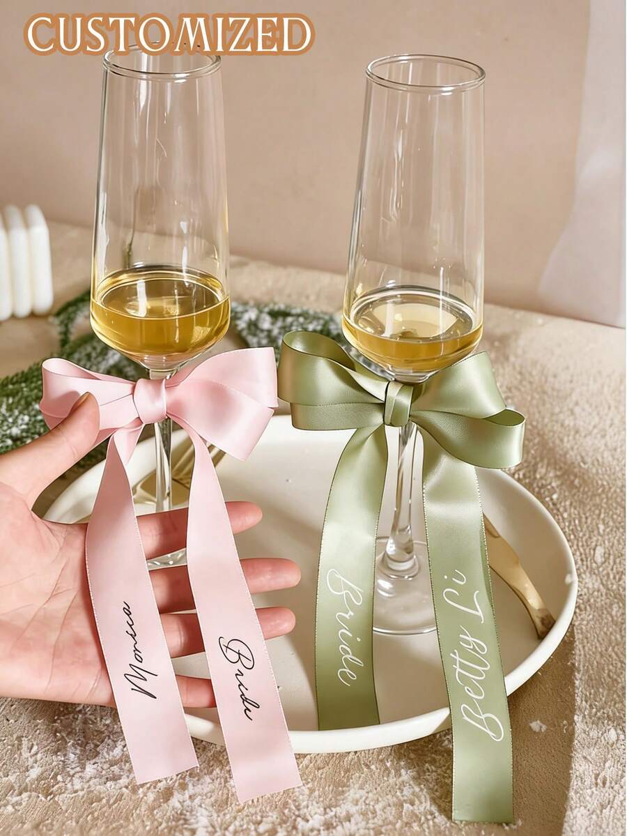Personalized Wedding Champagne Flute Decorations, Vinyl Letter Ribbon, Custom Champagne Flute Ribbon, Ribbon Name Tags, Beverage Name Tags, Wedding Place Cards, Custom Wedding Champagne Flute Bows - Multicolor - View 1