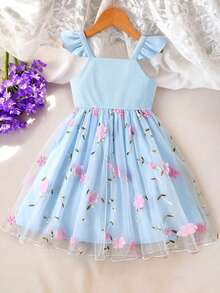 Young Girls' Spring/Autumn Knitted Flutter Sleeve Camisole Top Paired With Embroidered Floral Mesh Princess Dress, Casual Dress Set - Blue - View 2