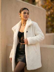 Áo khoác mùa đông dày dặn, ấm áp, màu trắng sang trọng dành cho nữ, cổ lông giả, thích hợp cho các buổi tiệc tối, kiểu dáng rộng rãi, tay dài, cổ ve lật. - trắng - Xem 1