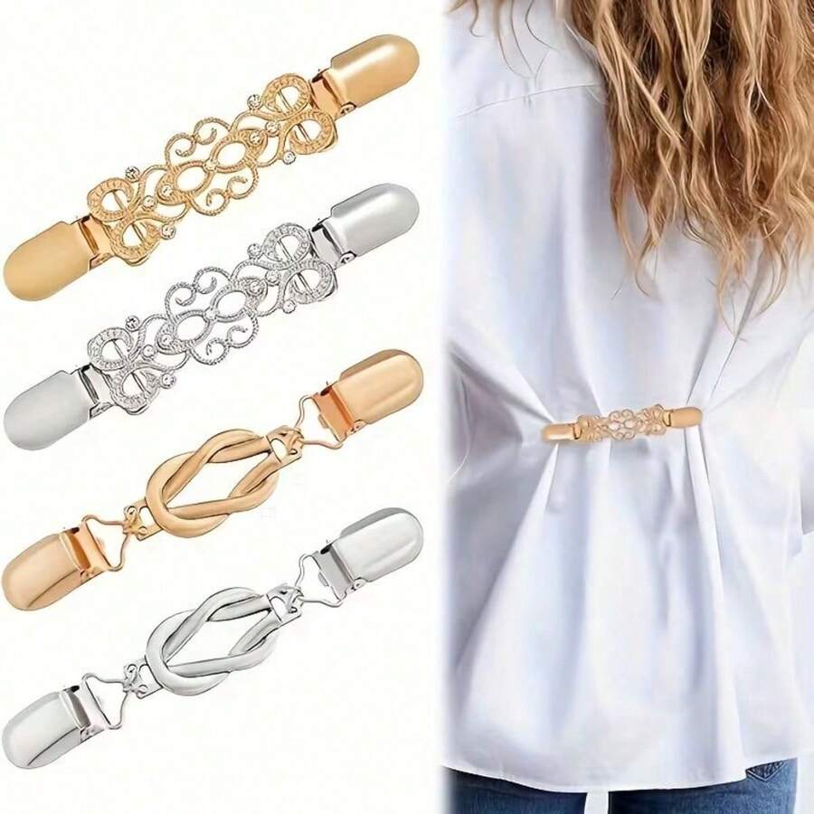 [Exquisite Jewelry]2pcs Vintage-Inspired Waist Cincher Clips For Women - Adjustable Metal Brooches For Dresses, Shirts, Shawls & Sweaters - Secure Hold, No-Slip Design, All-Season Use, Zinc Alloy, Perfect For Casual Attire, Dress Cincher Clips|Vintageinspired Design|Durable Zinc Alloy, Dress Cincher Clips, Sweater Cincher Clips, Dress Cincher &All-Season Styling Essential &Dress Statement Piece &Chic Valentine's Gift &Retro Fashion Revival - 金銀2 - 查看 1