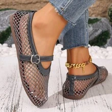 2025 Summer New Round Toe Fishnet Hollow Ballet Shoes Fashion Flat Shoes High-End Feel - Gray Without Buckle - View 3