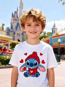 Disney Boys' T-Shirt, Creative Stitch Heart-Shaped Print, Summer Cotton Crew Neck Short Sleeve For Boys, Suitable For Everyday Wear, Holidays, Outdoor Activities, And As A Gift For Children. - White - View 1