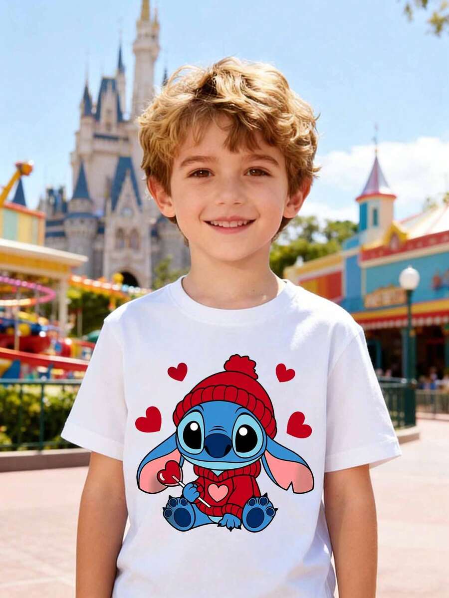 Disney Boys' T-Shirt, Creative Stitch Heart-Shaped Print, Summer Cotton Crew Neck Short Sleeve For Boys, Suitable For Everyday Wear, Holidays, Outdoor Activities, And As A Gift For Children. - White - View 1