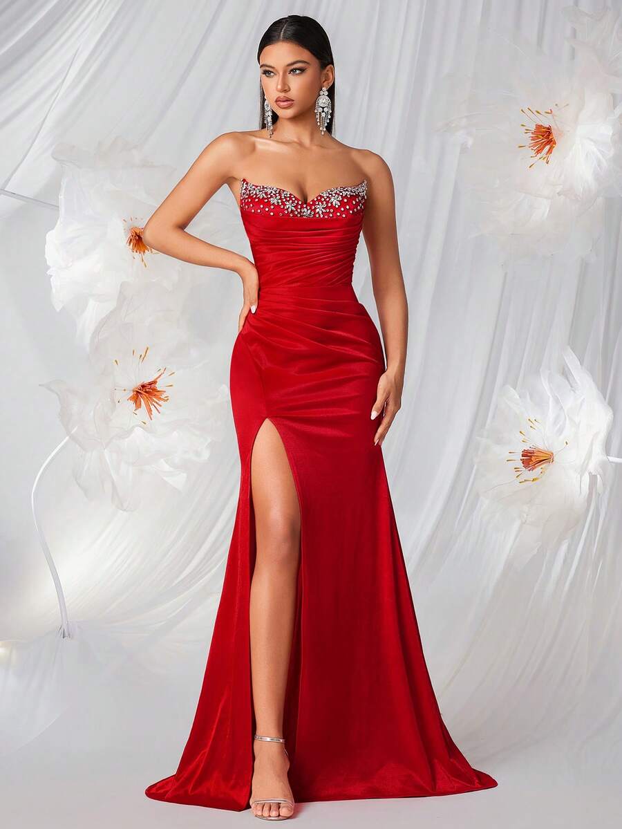 Đầm maxi nữ thanh lịch đính đá lấp lánh, dây mảnh, eo cao, xếp ly, xẻ tà cao, thắt eo, thích hợp cho dạ hội, dự đám cưới, tiệc gala, lễ hội, hẹn hò, tiệc tối trang trọng, tiệc sinh nhật, tiệc lễ hội, họp mặt gia đình. - Đỏ - Xem 1