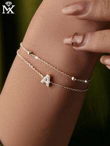 SYMFNY 1pc Luxury 925 Sterling Silver Micro-Inlaid Zirconia Letter A Double Layer Bracelet, Suitable For Daily Wear And Commuting - Silver - View 1