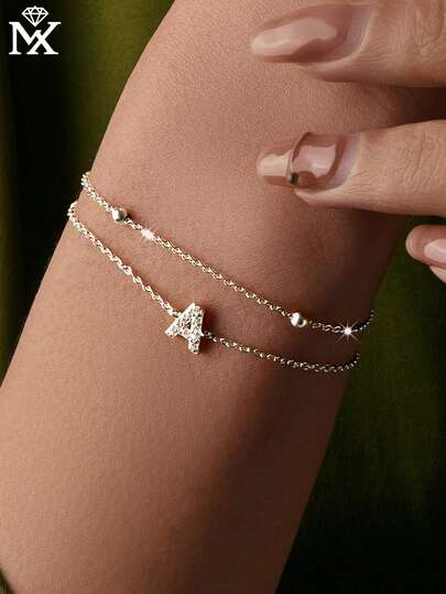 SYMFNY 1pc Luxury 925 Sterling Silver Micro-Inlaid Zirconia Letter A Double Layer Bracelet, Suitable For Daily Wear And Commuting
