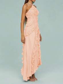 Women Ruffle Hem Pleated Sheer Mesh Long Maxi Dress Sleeveless Halter Neck Irregular Tiered Flowy Long Maxi Dresses For Wedding Guest Summer Holiday Beachwear - Màu Hồng  Dưa hấu - Xem 3