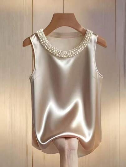 女士法式优雅珍珠装饰圆领真丝吊带衫，春夏款