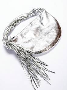 银色金属皮革流苏装饰手提包，派对俱乐部晚宴手拿包，HOBO奢华流苏腕包，时尚流苏包，情人节礼物 - 亮銀色 - 查看 1