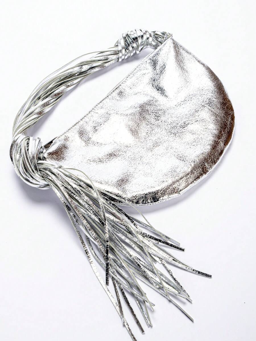 银色金属皮革流苏装饰手提包，派对俱乐部晚宴手拿包，HOBO奢华流苏腕包，时尚流苏包，情人节礼物 - 亮銀色 - 查看 1