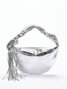 银色金属皮革流苏装饰手提包，派对俱乐部晚宴手拿包，HOBO奢华流苏腕包，时尚流苏包，情人节礼物 - 亮銀色 - 查看 6