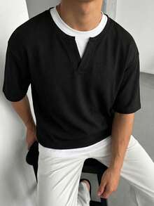 男士黑色圆领加厚短袖T恤，撞色设计，垂坠透气面料，触感顺滑亲肤，不易起球，休闲百搭，适合日常穿着、轻度通勤，男士礼物 - 黑色 - 查看 2