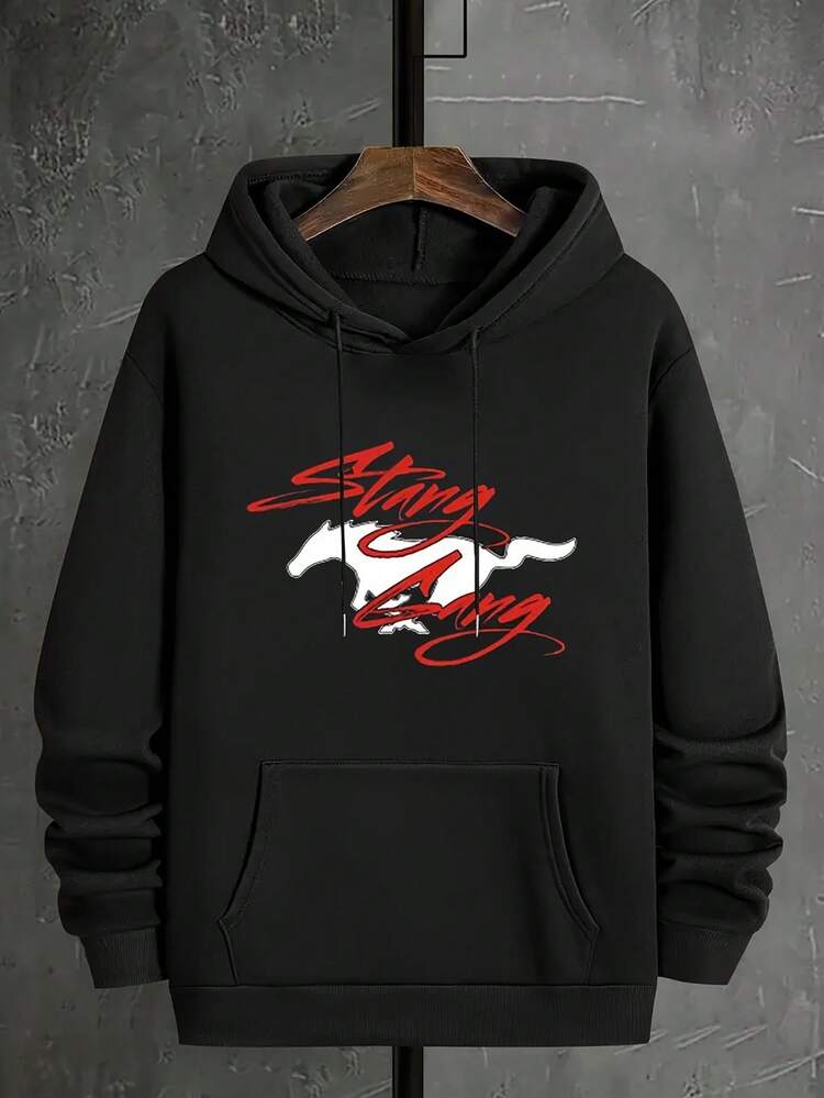 1pc Men'S Heavyweight 280gsm Blend Hooded Sweatshirt - Long Sleeve Casual Pullover With Red Stay Wild Letter Print & Bear Graphic, Regular Fit All-Season Hoodie Daily Wear, Outdoor Activities & Layering () - Durable Digital Printing Technology - Black - View 7