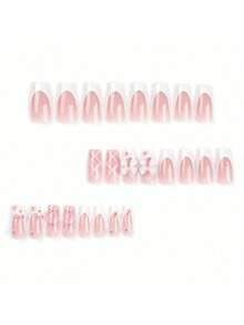 Press On Nails Medium Long Pink Nails Square Bling Glossy 3D False Nail Tips Artificial Nails Finger Manicure Women And Girls-24pcs - 彩色 - 查看 2
