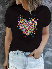 T-shirt noir décontracté pour femme avec motif cœurs colorés - Manches courtes, col rond, mélange de polyester extensible, lavable en machine - Idéal pour le printemps et l'été - Noir - Voir 1