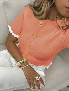 Women's Summer Button Ear Design Knit Top, Beige Elegant Casual Short Sleeve Sweater, Suitable For Dates And Daily Wear - Orange - View 3