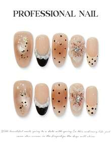 10Pcs False Nails Matte And Glossy Nude Pink Ombre With Rhinestone Design For Wedding Party - Multicolor - View 5