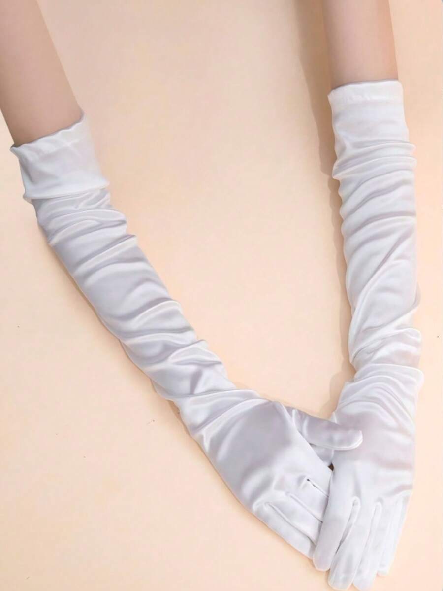 1 Pair Satin Long Gloves, Suitable For Formal Occasions Summer - White-gC14623 - View 1