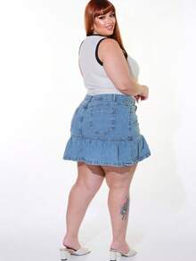 SAIA JEANS PLUS SIZE COM BABADO MODA FEMININA LANCAMENTO   Jeans    Zíper  Bolso    Diário    VERAO - Lavagem Média - Visão 5
