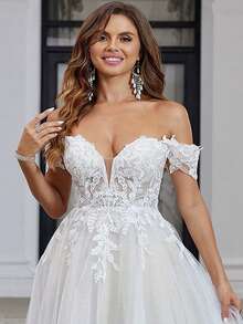 White Stiffening Net And Champagne Lining Off-Shoulder Detachable Tulle Long A-Line Sparkly Embroidery Wedding Dress, Elegant And Sexy, Suitable For All Seasons - Beige - View 3