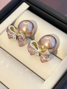 一对优雅的香槟色珍珠蝴蝶结耳钉，百搭时尚耳环，两种佩戴方式 - 彩色 - 查看 2