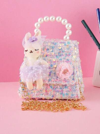 1pc Children's Cartoon Rabbit & Flower Sequin Decor PU Flap Closure Fashion Beaded Handbag, Girls Cute Casual Chain Shoulder Crossbody Bag, Snack & Coin Purse, Suitable For Holidays And Daily Use