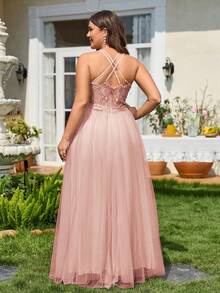 Plus Spring Summer Elegant Sleeveless Backless Lace Mesh Light Pink Bridesmaid Dress, Suitable For Wedding Party Prom Dresses Vacation Dresses - Pink - View 2