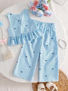 2pcs Setelan Musim Panas Anak Perempuan Atasan Rompi dan Celana Motif Pita Kotak-kotak Biru - Biru - View 2