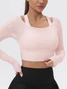 1件装女士网眼长袖短款瑜伽运动T恤，内置胸垫