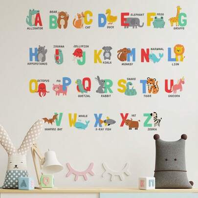 “卡通字母和数字乙烯基墙贴 - 哑光表面，自粘式，卡通动物和物品图案，儿童婴儿客厅卧室托儿所教室可爱贴纸，教育装饰，趣味装饰，易于粘贴”