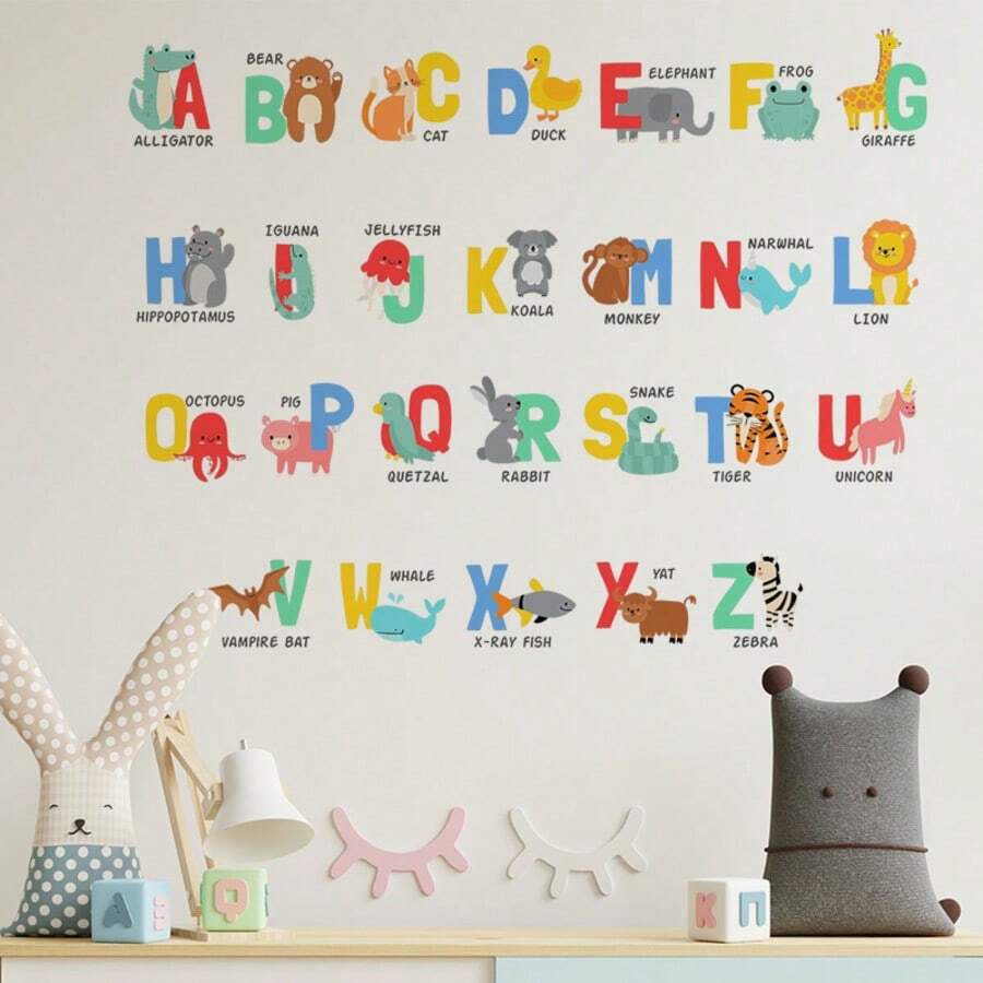 “卡通字母和数字乙烯基墙贴 - 哑光表面，自粘式，卡通动物和物品图案，儿童婴儿客厅卧室托儿所教室可爱贴纸，教育装饰，趣味装饰，易于粘贴” - 彩色 - 查看 1