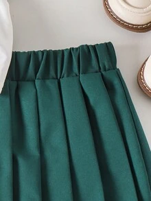 2pcs Girls' School Sports Polo Collar Heart Embroidered Sleeveless Top And Pleated Skirt Set, Summer - Green - View 7