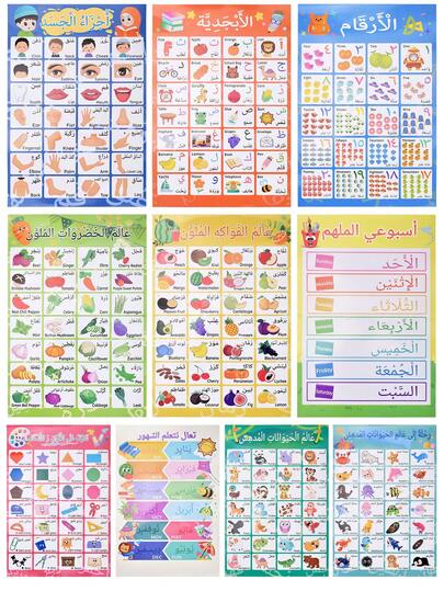 10-In-1 Bilingual Children's Educational Learning Posters Set: Includes Alphabet, Numbers, Animals, Fruits, Vegetables, Body Parts, Days Of The Week, Shapes & Colors, Months, Suitable For Children's Learning, Educational Wall Charts, Bilingual Posters, Home Education And Back To School Gifts