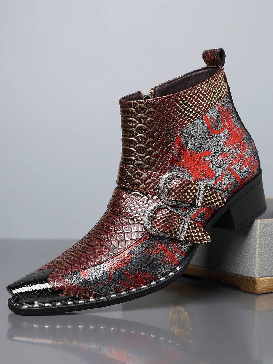 1 par herrstövlar med ormskinn och präglat silvermönster, höga PU-läder, gummisula och slip-on, platta, casual chelsea-stövlar för företag, lämpliga för fritidsaktiviteter - Röd - Visa 1