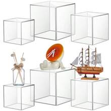 Kigley 6 Pcs Acrylic Boxes For Display 4''x4'' 5''x5'' 6''x6'' Small Square Clear Cube Nesting Riser Showcase Crystal Cupcake Stand Pedestal Organizer Base For Food Jewelry Display 5 Sides - 無色 - 查看 8