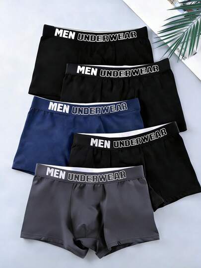 5 piezas/paquete Ropa interior de hombre, calzoncillos bóxer con cintura con estampado de letras de unicolor, ropa interior cómoda y suave con elástico, adecuada para uso diario casual, calzoncillos bóxer cómodos para adolescentes, ropa interior para el hogar, regalo para hombres, regalo del Día de San Valentín, regalo personalizado