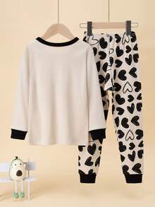 Girls' Cotton Panda Cartoon Print Pajama Set, Long Sleeve Top And Pants, Homewear For Teens, Spring/Autumn - Beige - View 2