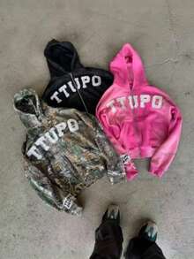Hoodies,Men's Vintage High-Street Fashion Brand Letter Print Casual Couple's Hooded Cardigan Sweatshirt Jacket - 迷彩 - 查看 4