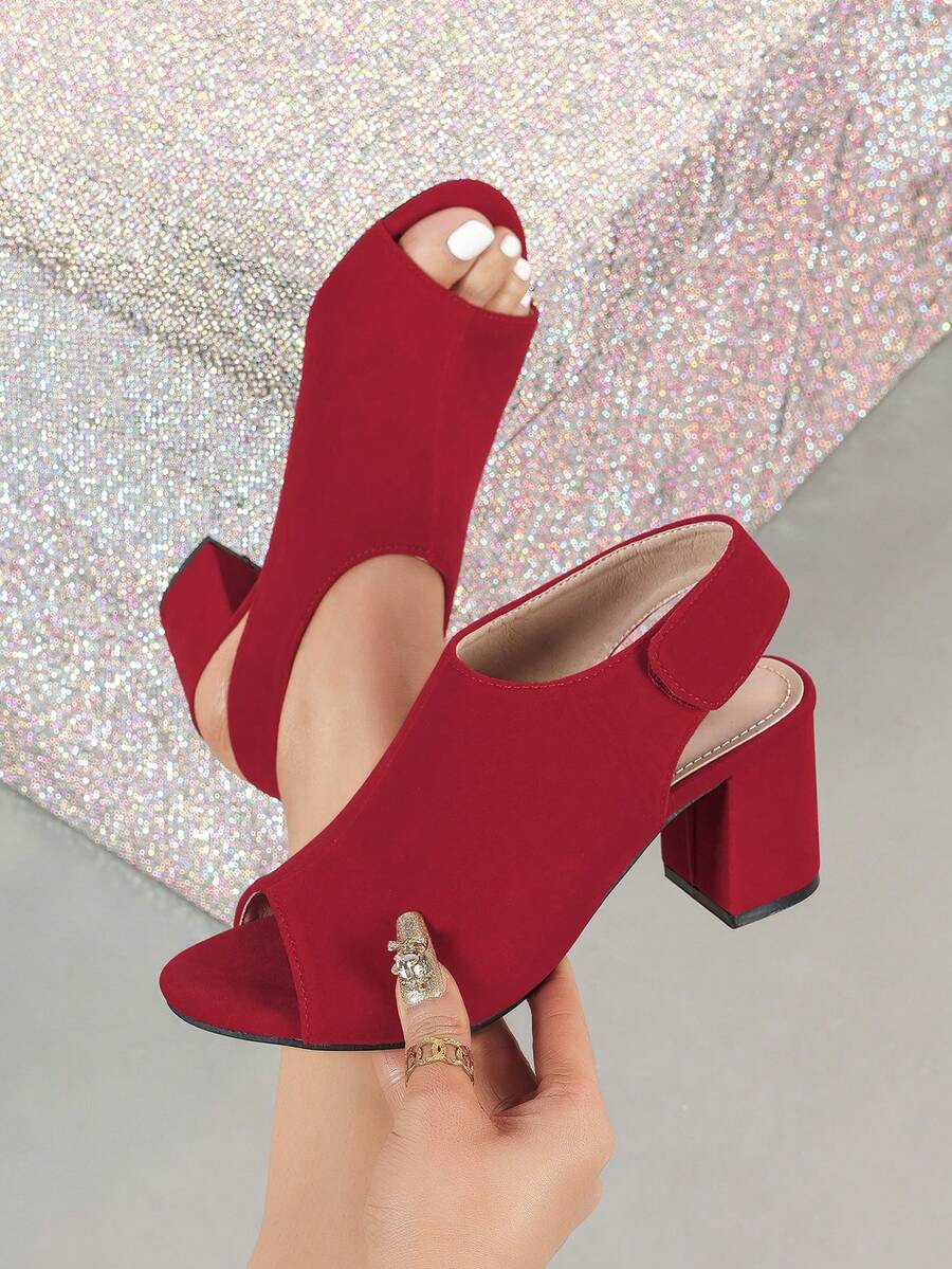 Women's Red Square Heel Sandals, Suitable For Spring/Summer, Elegant Wedding Bride High Heels, Party & Holiday, Minimalist Slingback Dress Sandals, Commute & Office Wear