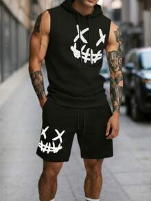 Conjunto de camiseta sin mangas con capucha y estampado gráfico holgada y pantalones cortos con cordón en la cintura para hombre, esencial de verano, fácil de combinar - Negro - Ver 1