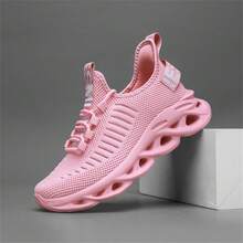Men's Breathable Mesh Sneakers, Casual Outdoor Running Jogging Shoes, Shock Absorbing Fashionable Tennis Shoes, Lightweight Knitted Upper, Multiple Colors Available (Striped Pattern On Upper Randomly Distributed) - Pink - View 2